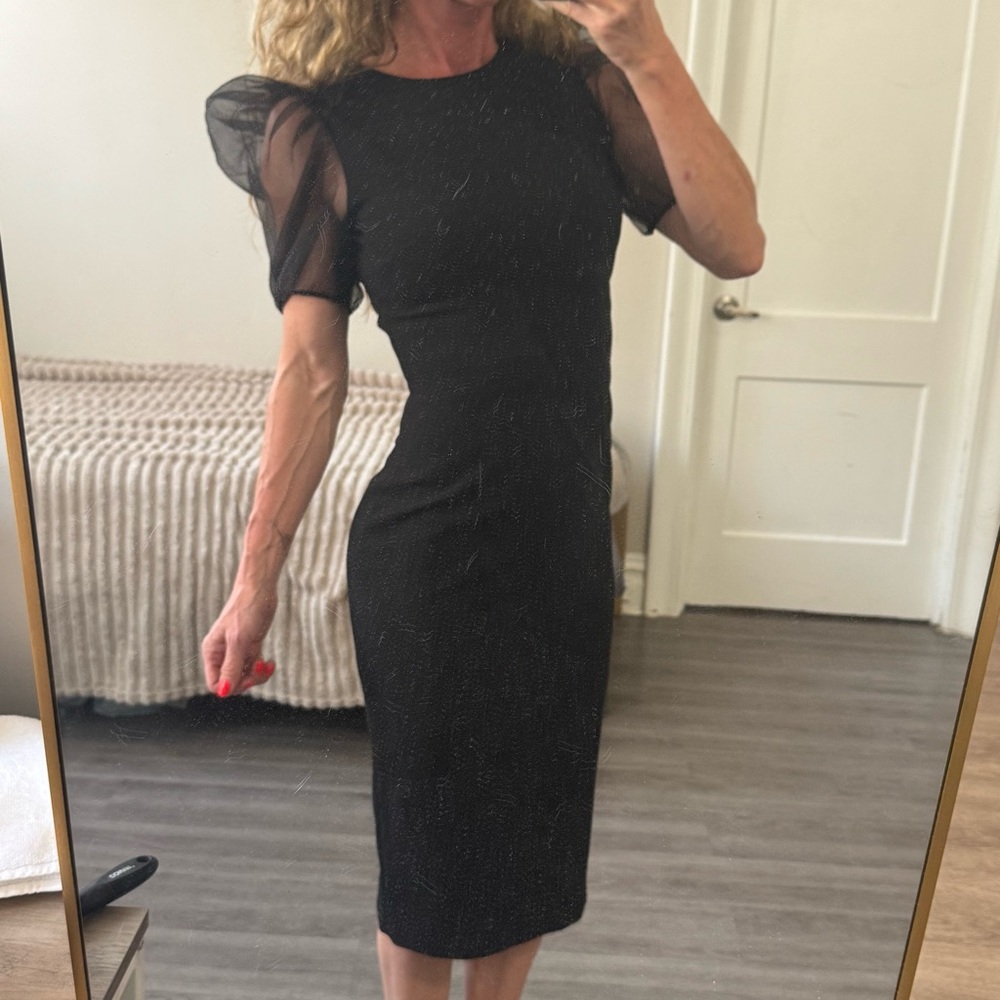 Zara Brand New Black Puff Sleeve Midi Dress – Size XS
